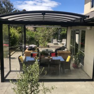 Ironsand system with charcoal sundream canopy and clear Ziptrak screens