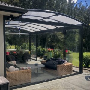 Ironsand system with charcoal sundream canopy and clear Ziptrak screens