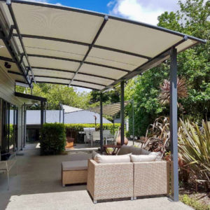 Shaded patio under Pergola System W96 fabric