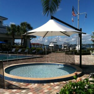white cantilever umbrella with black frame
